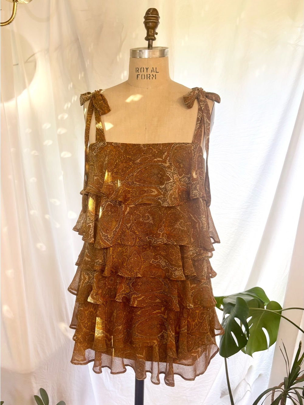 Show Me Your MuMu Rowan Ruffle Tie-Shoulder Mini Dress in Golden Paisley
